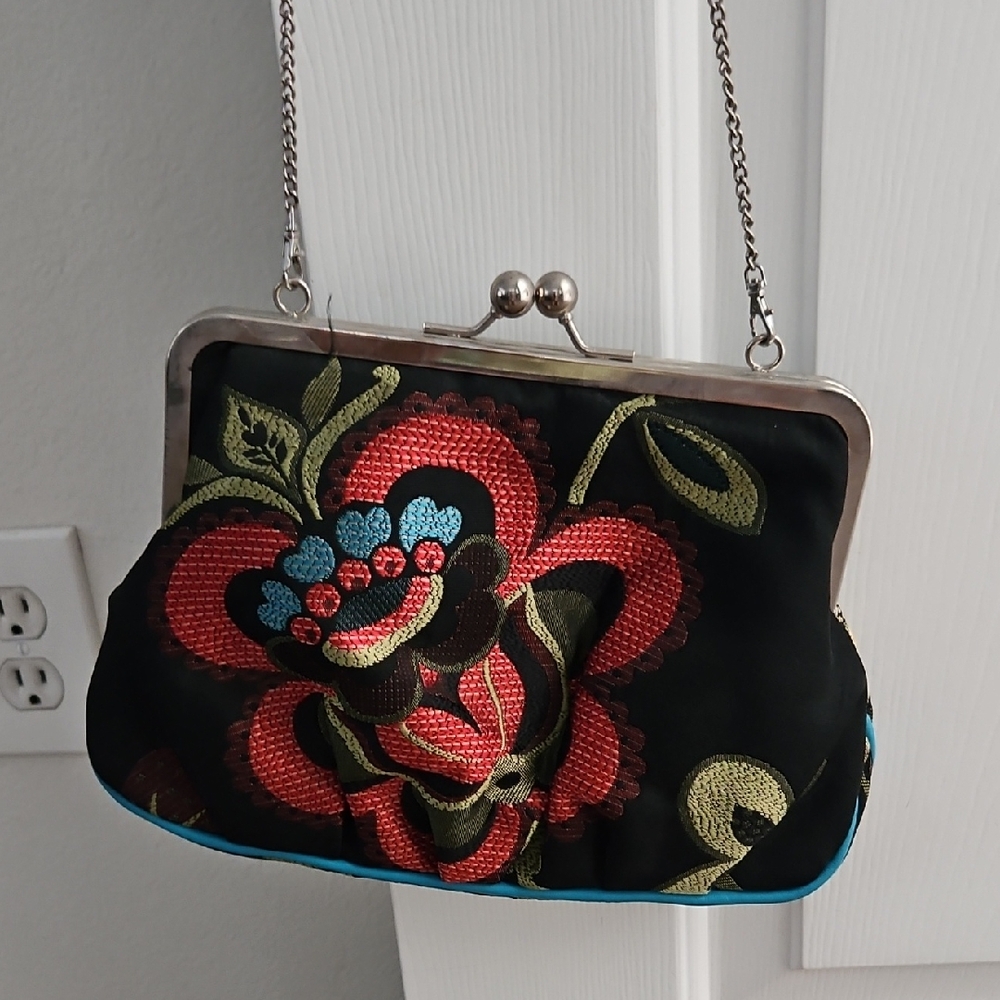 Bagatelle Black Clutch with Red and Green Floral Embroidery
